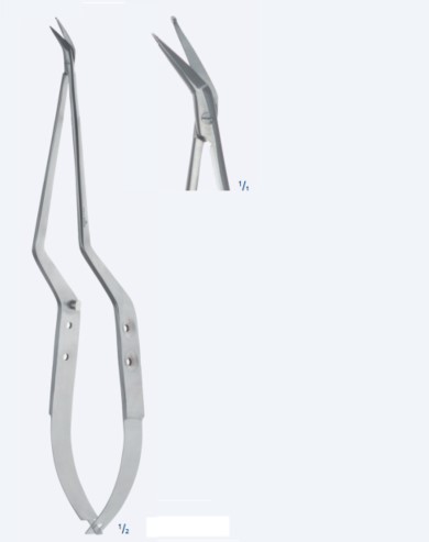 Ножиці, хірургічні, "Nagel", мікро, з кулькою на кінчику, вигнуті, під кутом 45°, з одним тупим і одним гострим кінцем, загальна довж. 200 мм, 8"